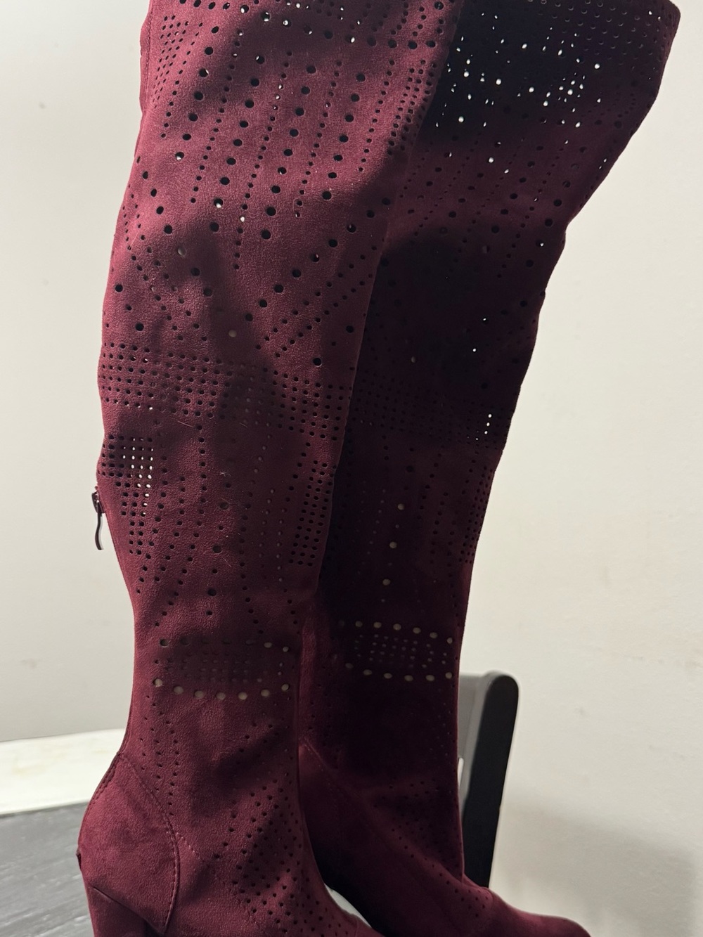Burgundy Suede Thigh High Boots - Stylish Perforated Design
